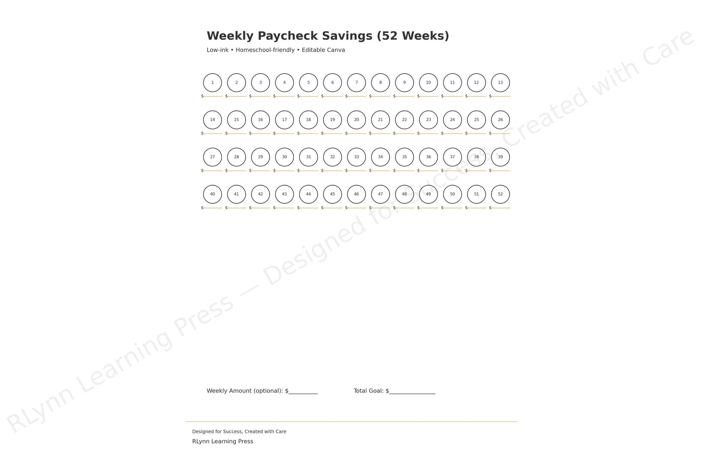 26-Week Weekly Savings Tracker — Paycheck-to-Paycheck —