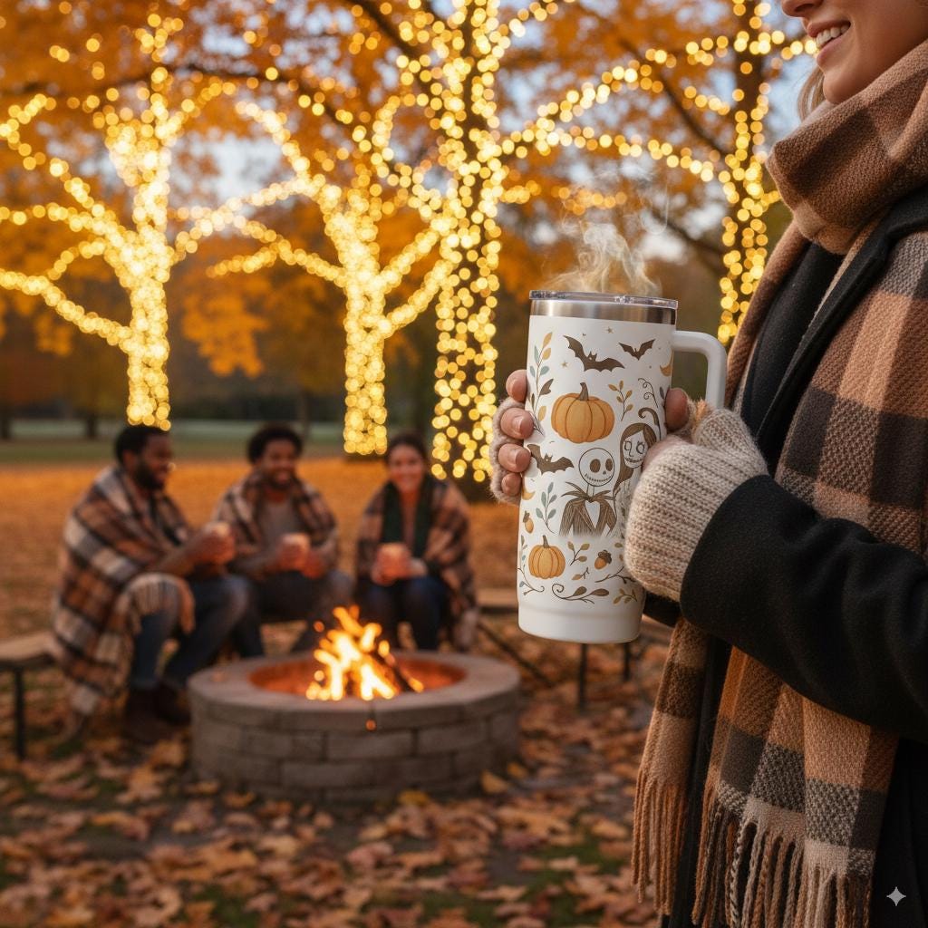 Fall Design Tumbler with Handle: Pumpkins, Bats & Crescent Moons