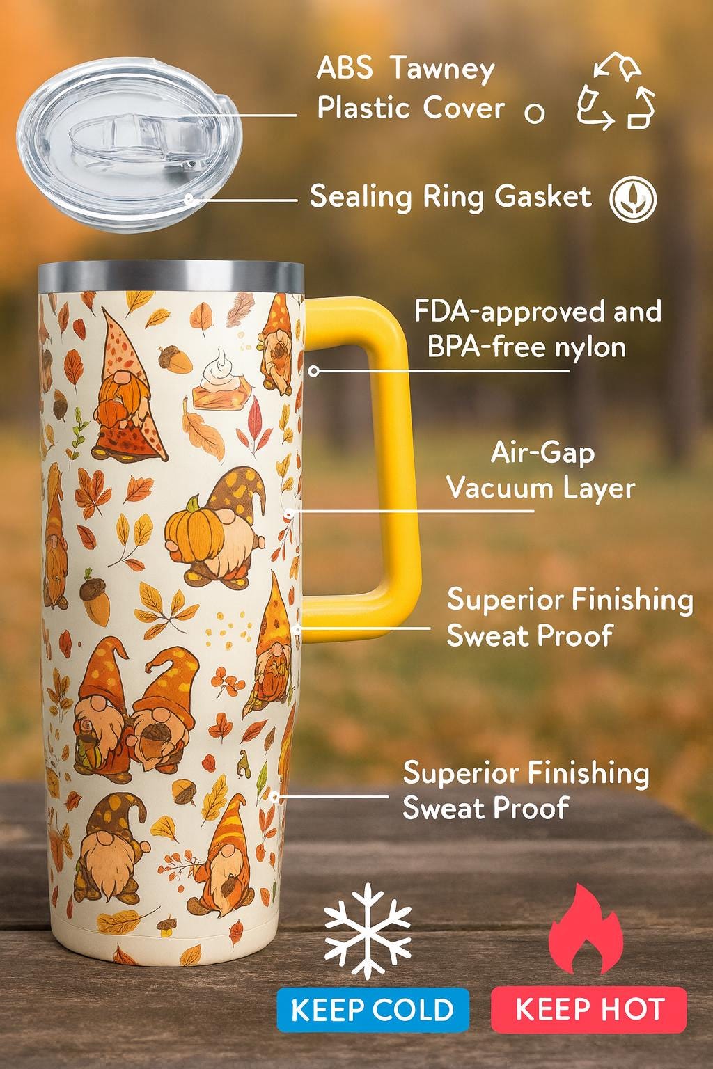 Fall Gnome Tumbler: 40oz Insulated Stainless Steel Travel Mug