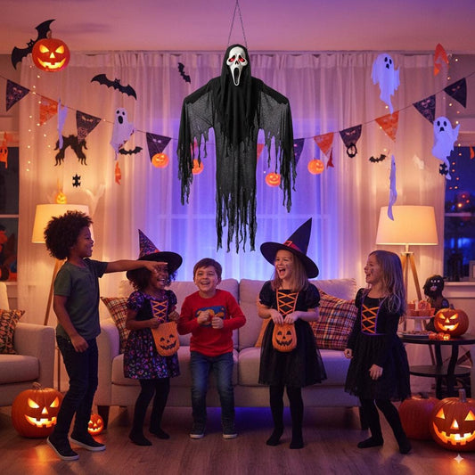 Life-Size Animated Hanging Ghost: Glowing Eyes Halloween Prop