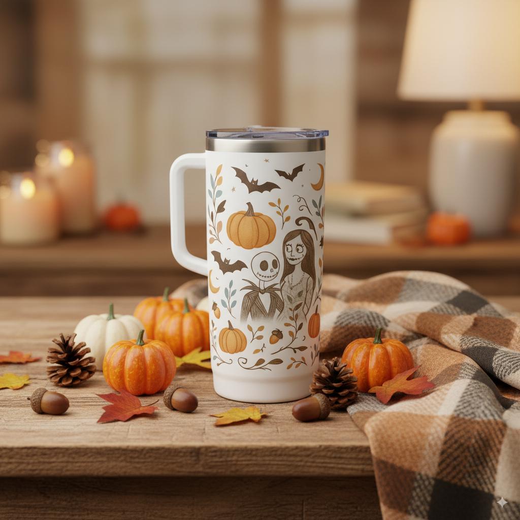 Fall Design Tumbler with Handle: Pumpkins, Bats & Crescent Moons