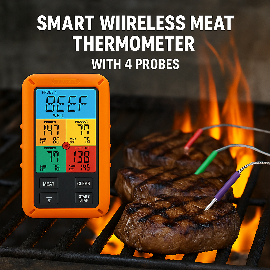 Smart Wireless Meat Thermometer with 4 Probes – Bluetooth BBQ Grill & Oven Cooking Thermometer for Smoker, Kitchen & Baking