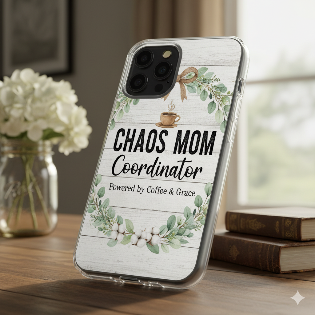 Chaos Mom Coordinator Phone Case | Farmhouse / Floral Chic (Coffee + Greenery + Roses)