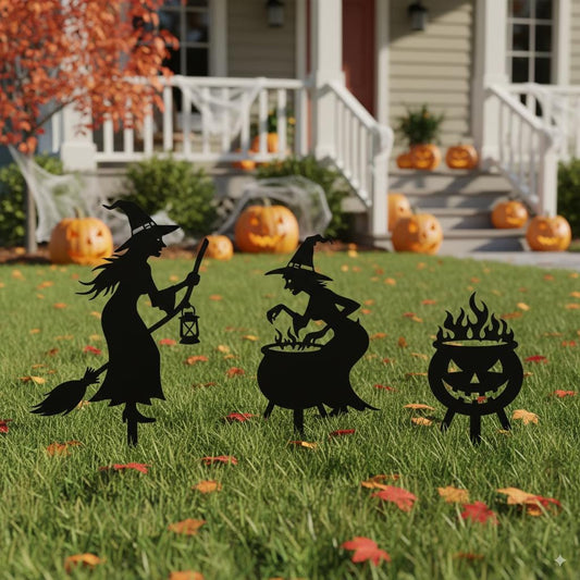 Iron Witch Silhouette Yard Stakes: Spooky Halloween Lawn Decor