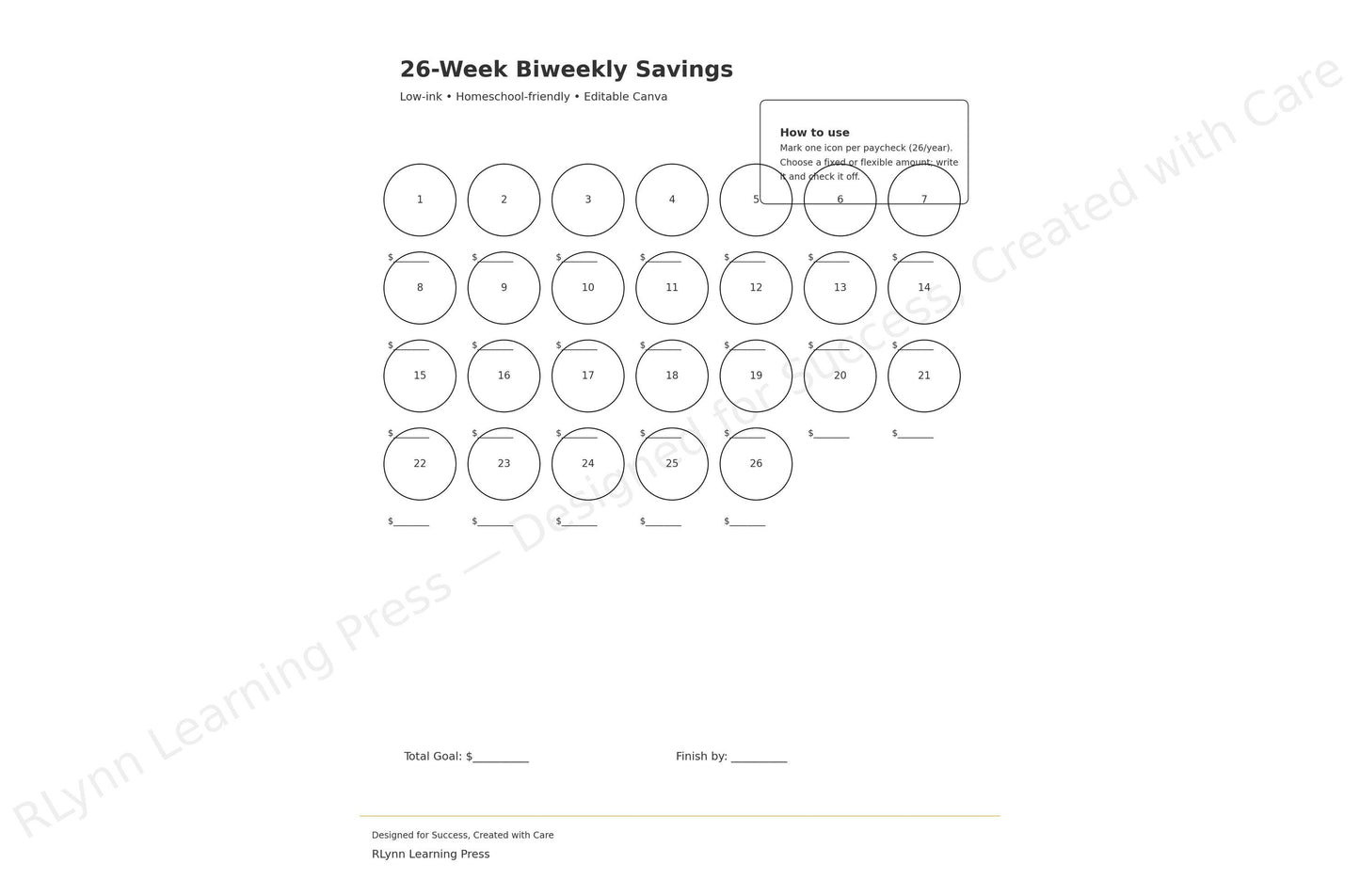 26-Week Biweekly Savings Tracker — Paycheck-to-Paycheck —