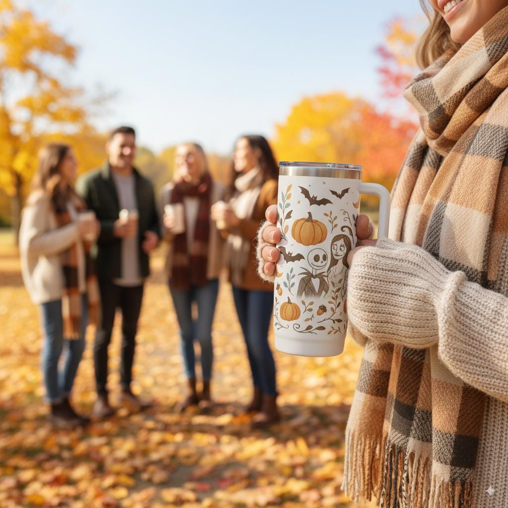 Fall Design Tumbler with Handle: Pumpkins, Bats & Crescent Moons