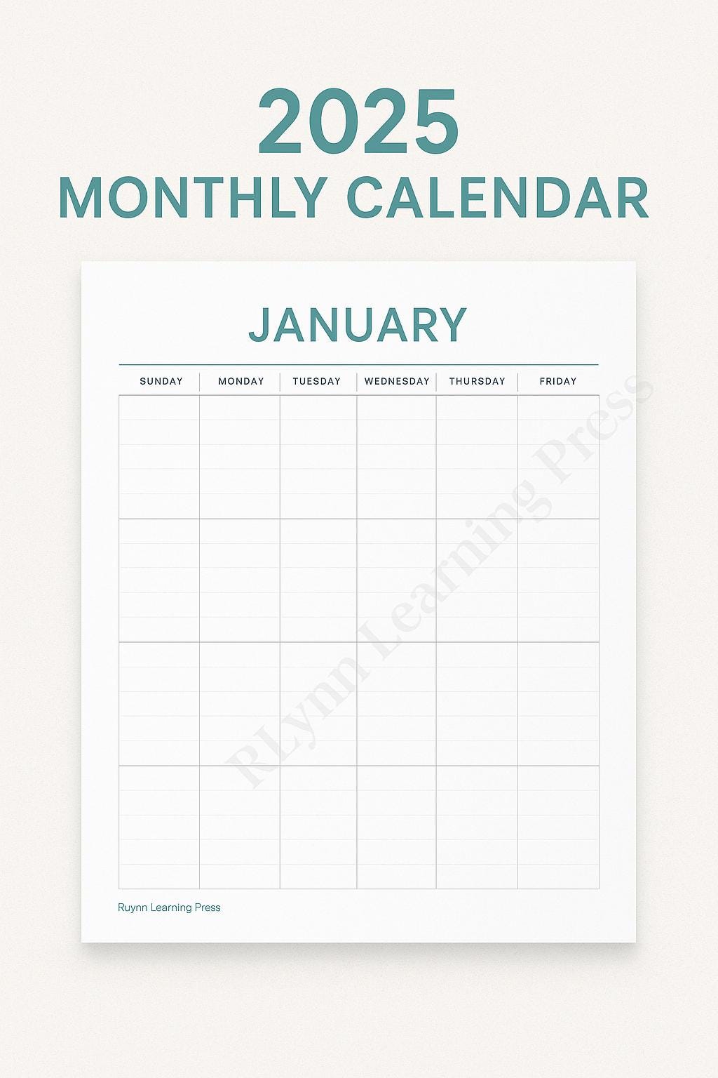 2025 Monthly Calendar | Printable & Fillable PDF | Minimalist Planner Template | RLynn Learning Press