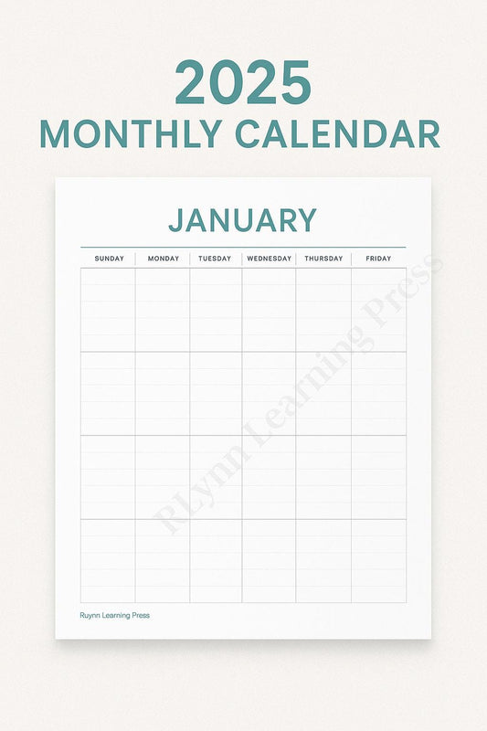 2025 Monthly Calendar | Printable & Fillable PDF | Minimalist Planner Template | RLynn Learning Press
