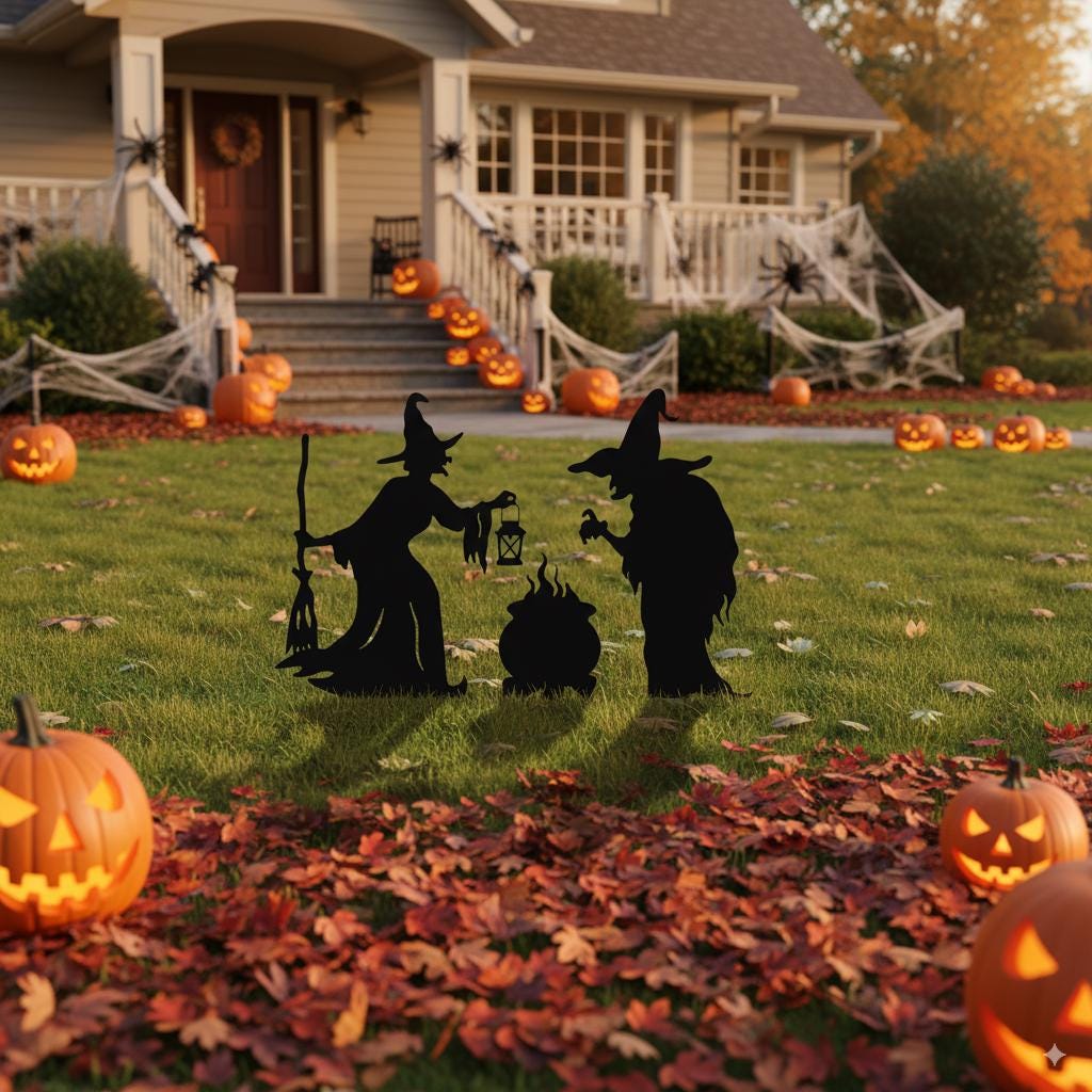 Iron Witch Silhouette Yard Stakes: Spooky Halloween Lawn Decor