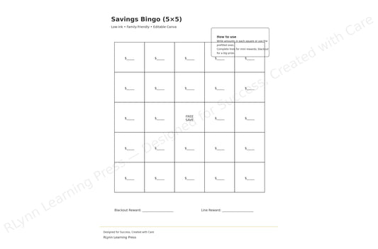 Savings Bingo Game — 5×5 Board —