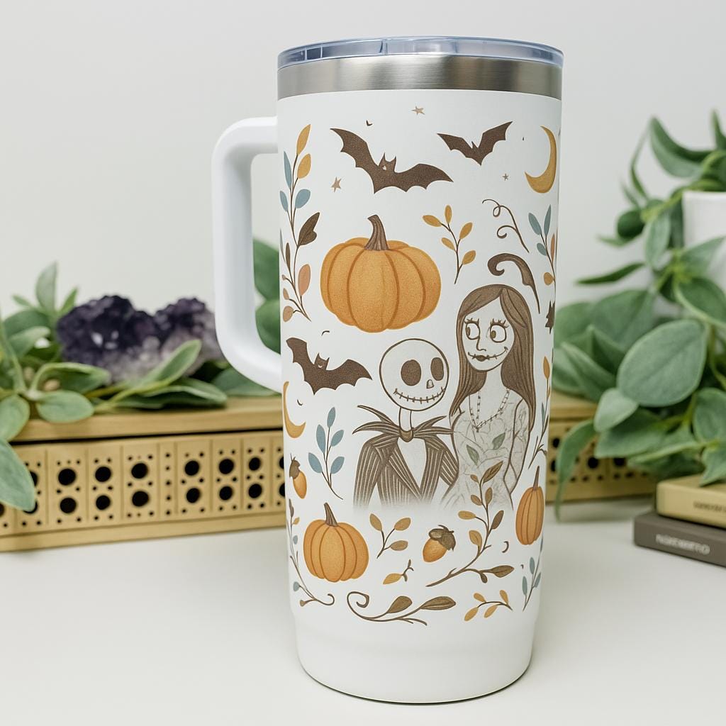 Fall Design Tumbler with Handle: Pumpkins, Bats & Crescent Moons