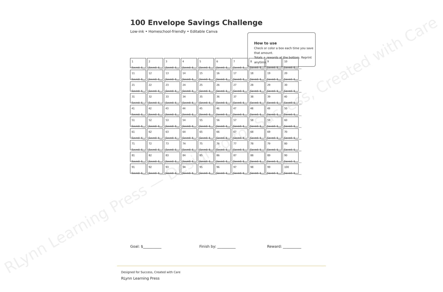 100 Envelope Savings Challenge Tracker