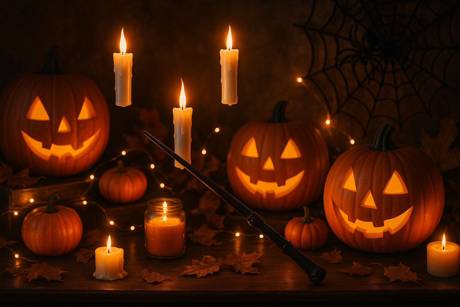 Festive Halloween display with floating candles