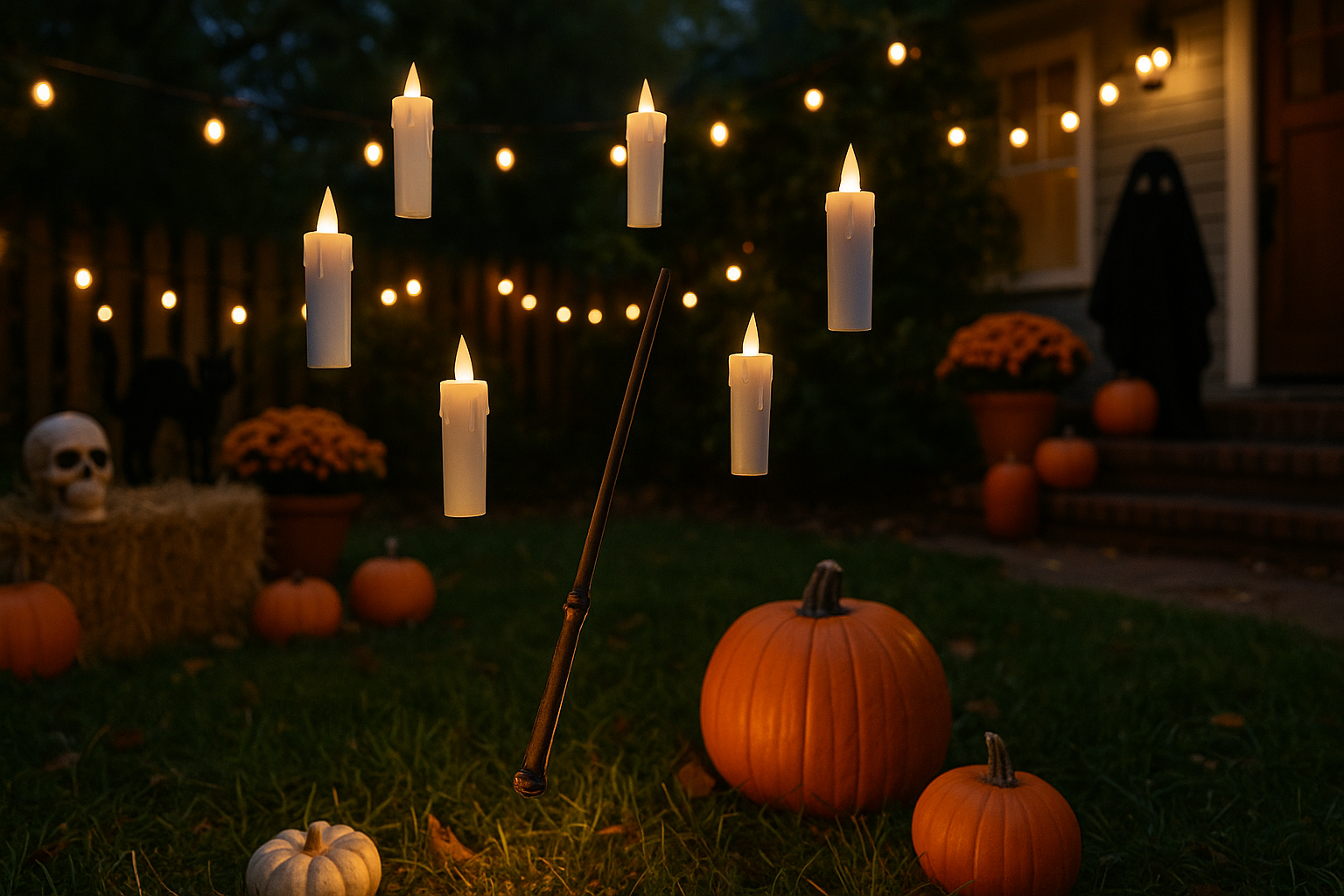 Outdoor Halloween yard scene with floating candles