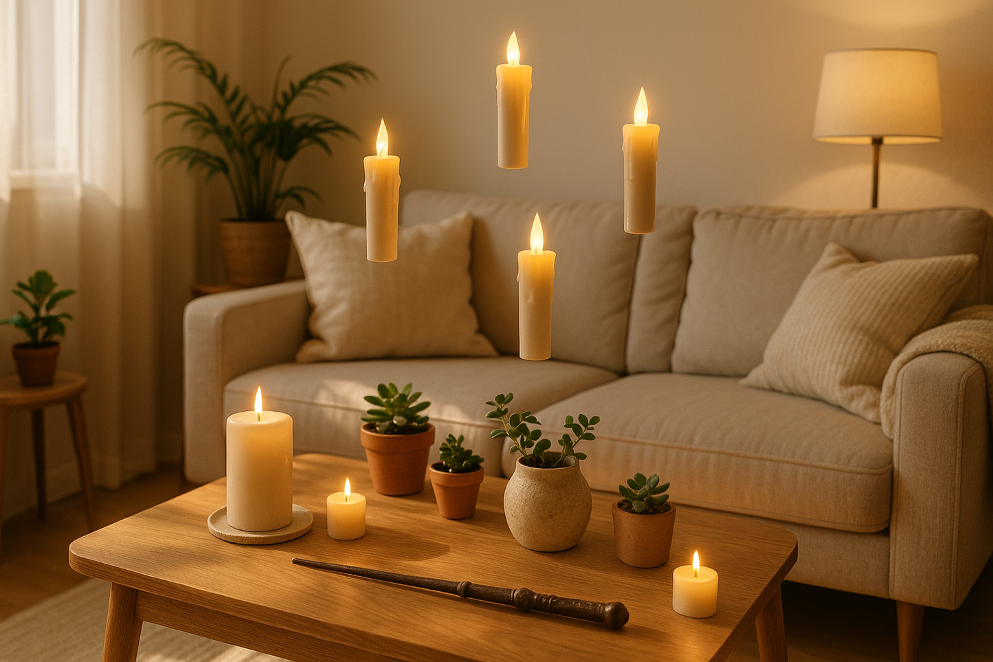 Stylish living room with floating candles lifestyle shot